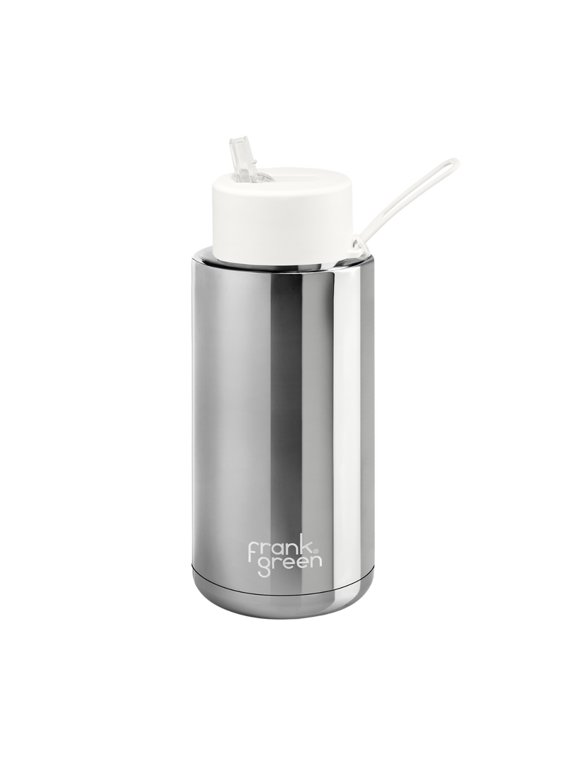 Frank Green Ceramic 34oz Bottle with Straw Lid (Chrome Silver, Cloud)
